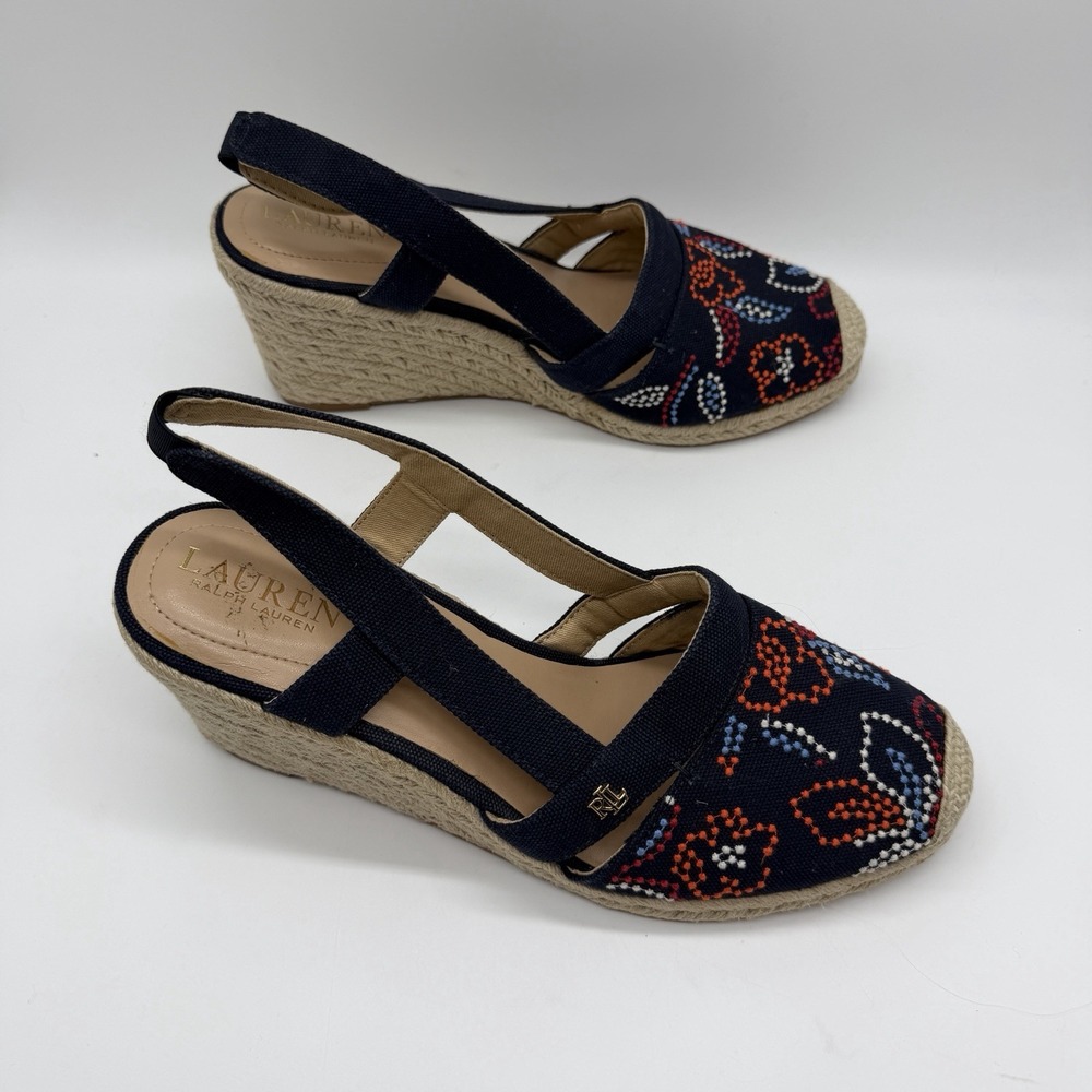 Lauren Ralph Lauren Espadrille Wedge Sandals Navy Embroidered Floral Ankle 11B